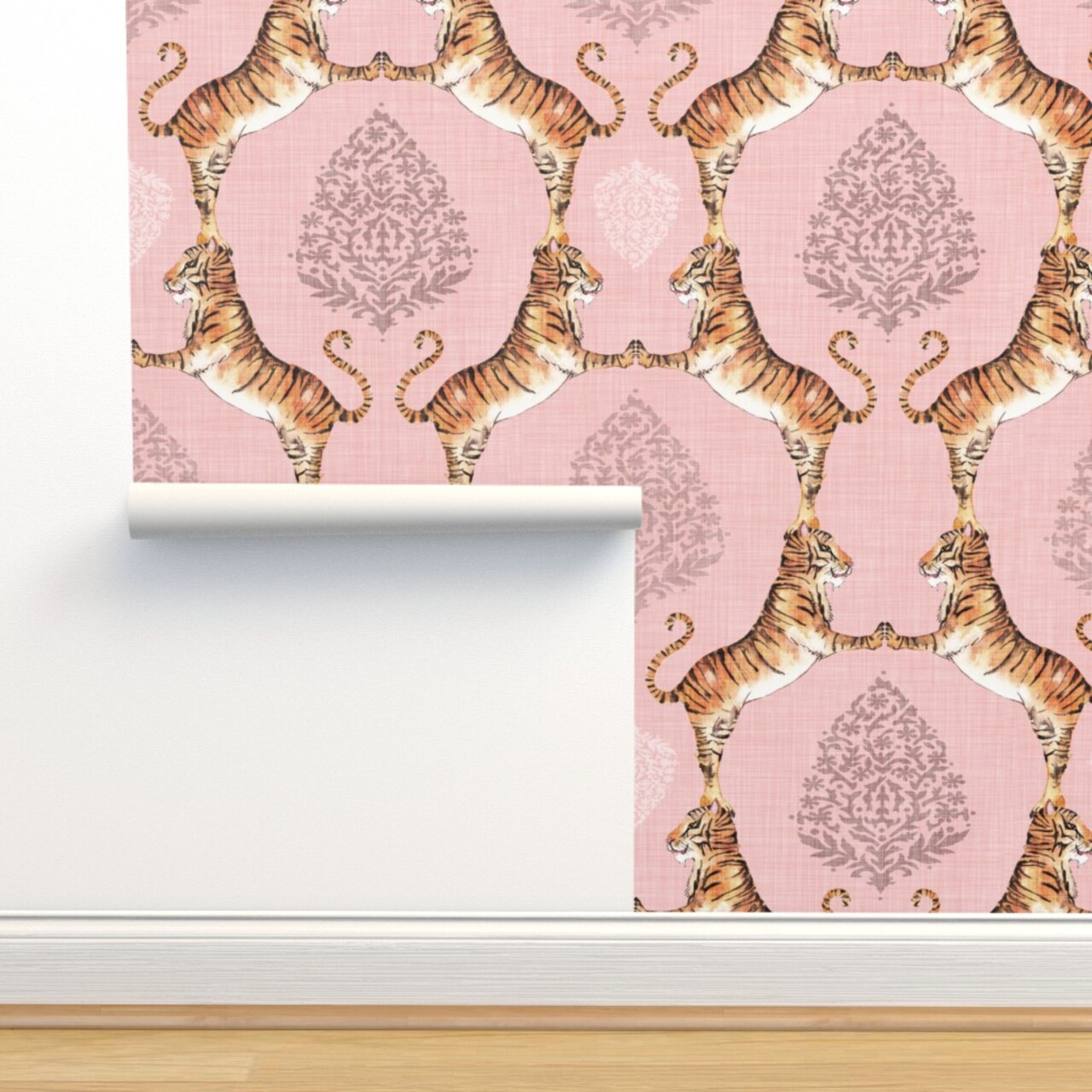 Pink Paisley Tiger Bohemian India Pale Damask Water Color Animal Print Custom Removable Wallpaper by Spoonflower Peel & Stick Wallpaper 2FT Wide
